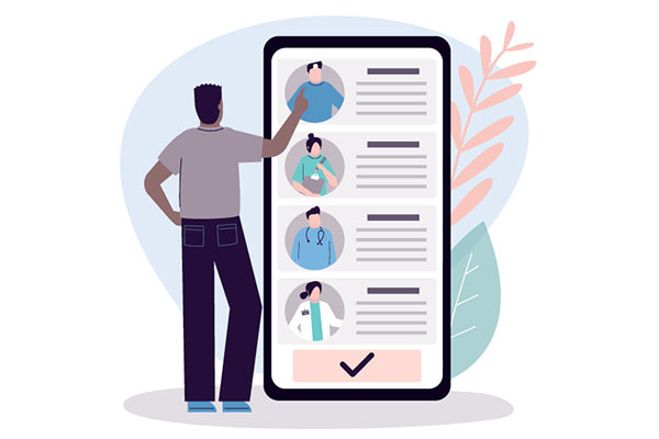 Illustration of a man in front of an oversized mobile viewing information about different services