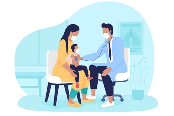 Illustration of a male dr with a stethscope on a childs chest whilst child on mothers knee