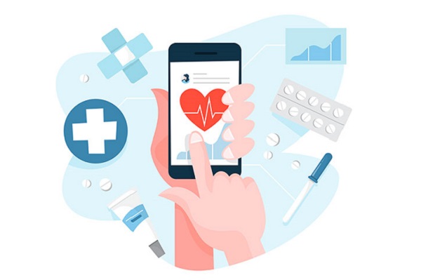 Illustration of a mobile phone with icons for different services around it